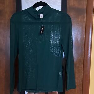 White House Black Market Sheer Emerald Green Mock Neck Top